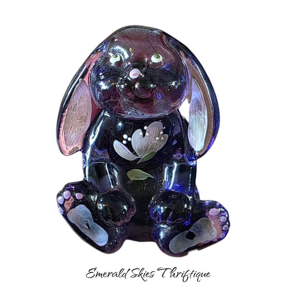 Amethyst Fenton Hand Blown /Hand Painted floral Bunny/Rabbit